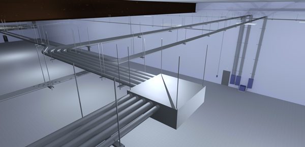 Industrial space with overhead piping and fixtures.