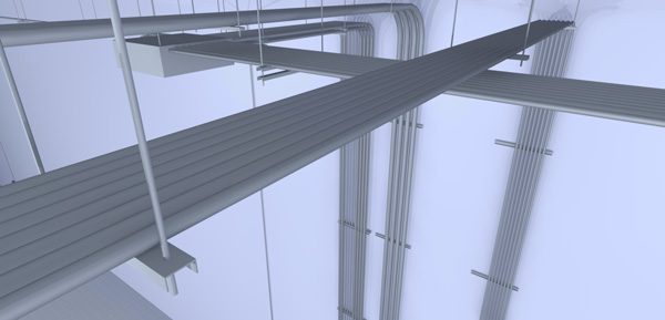 Industrial walkway with overhead pipes and structures.